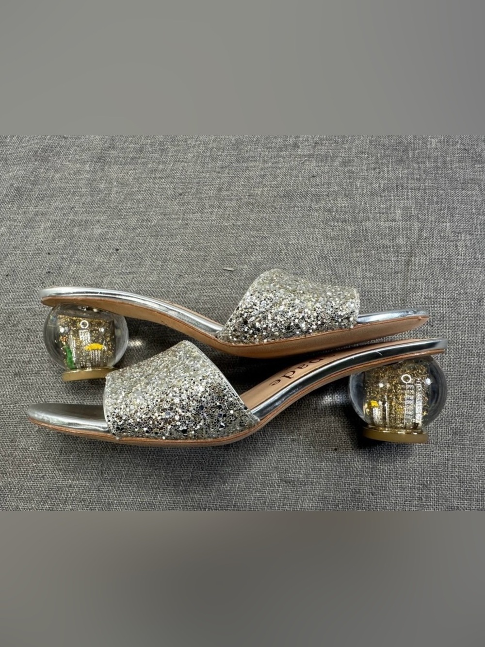Kate Spade Silver Glitter New York Globe Slide Heels - Picture 5 of 10